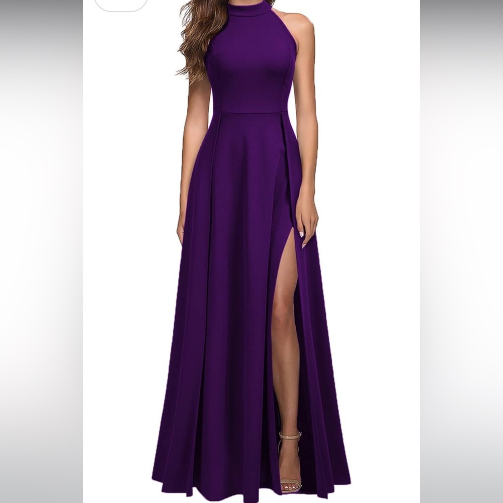 NEW Halter Neck Sexy Split Cocktail Party Maxi Long Formal Dress purple large